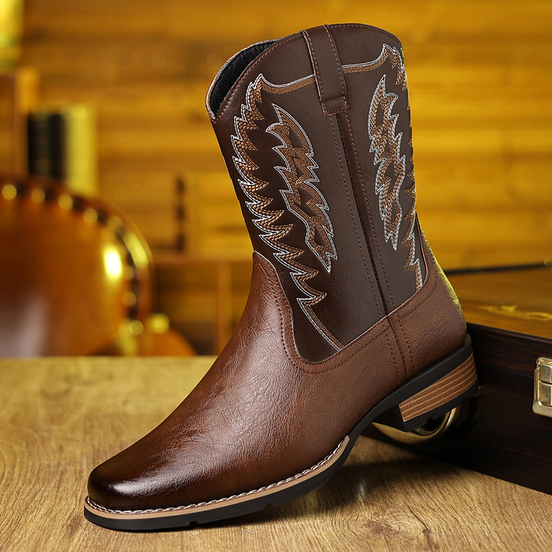 Embroidery Stitches - Herren Bestickte Outdoor Retro Halbhohe Western-Cowboystiefel
