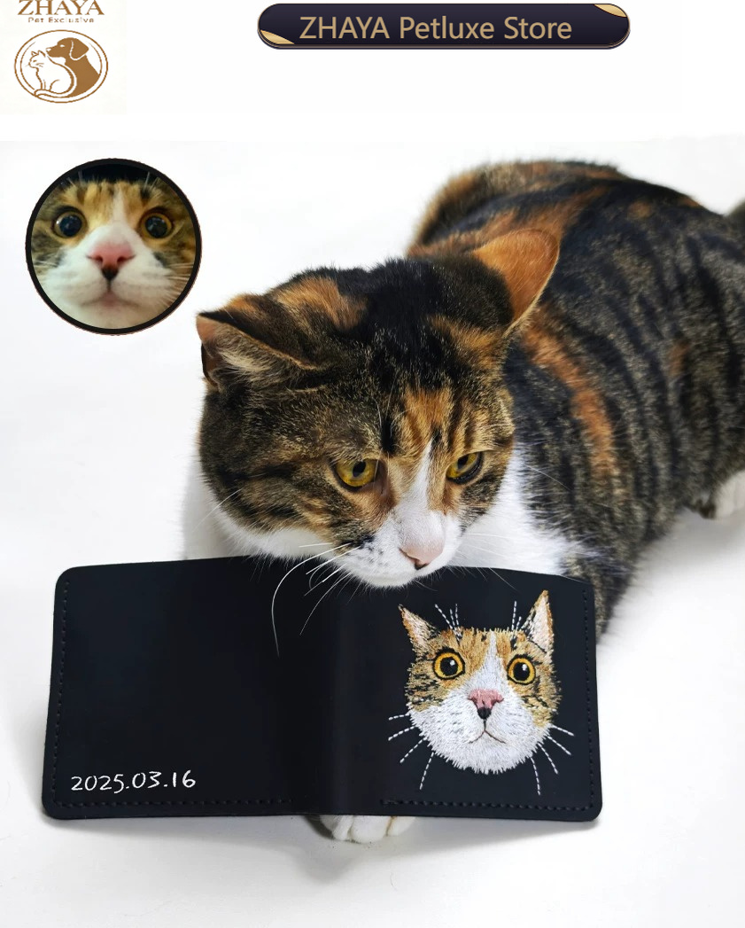 Embroidery Wallet - Maßgefertigte Echtleder-Geldbörse mit Foto-Stickerei Haustier-Paar-Porträt Hochzeitstag