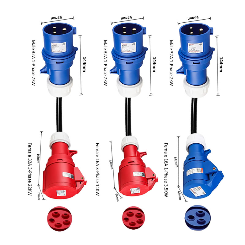 Embroidery Red - Elektrofahrzeug-Ladeadapter Blau 32A Einphasig 3-Poliger Stecker