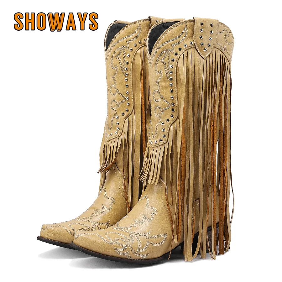 Embroidery Red - Fransen Nieten Western Damen Mittelkalb Stiefel