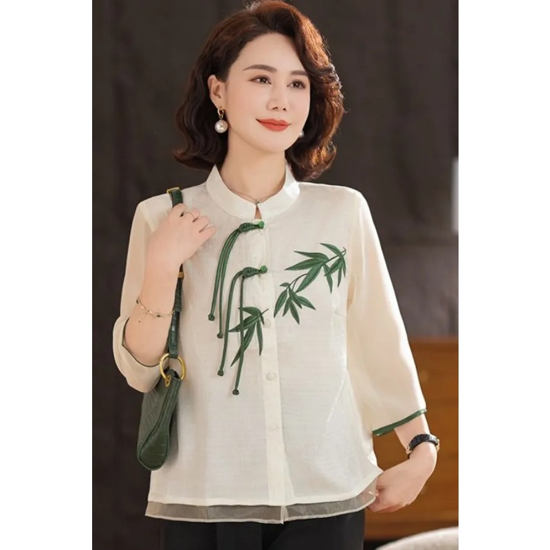 Embroidery Cream - Cremeweiße Damenbluse im chinesischen Stil mit