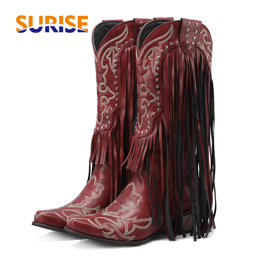 Embroidery Red - Western Cowboy Mid-Calf Stiefel für Frauen