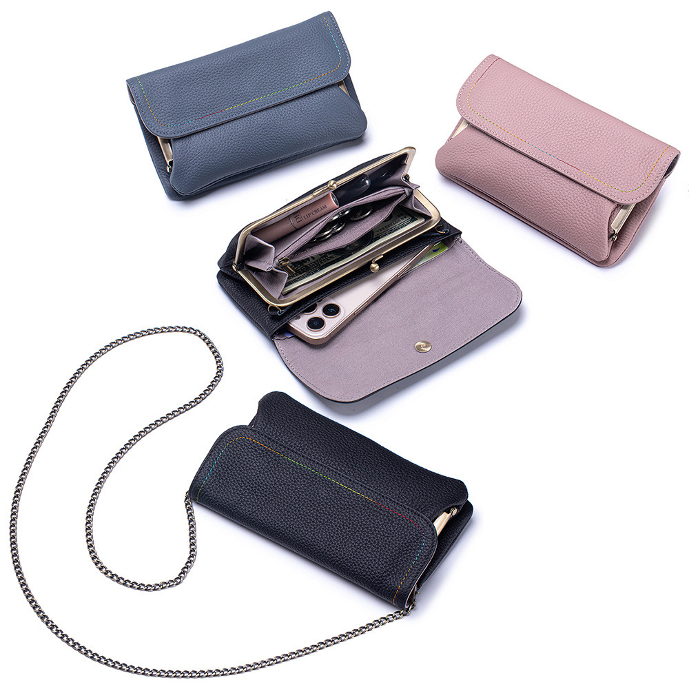 Embroidery Wallet - Echte Leder-Schultertasche mit Handykette, trendige Clutch-Geldbörse,